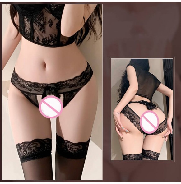 FEE ET MOI - Lace Open-Crotch Strappy Back Panties (Black) FEE ET MOI - Lace Open-Crotch Strappy Back Panties (Black)